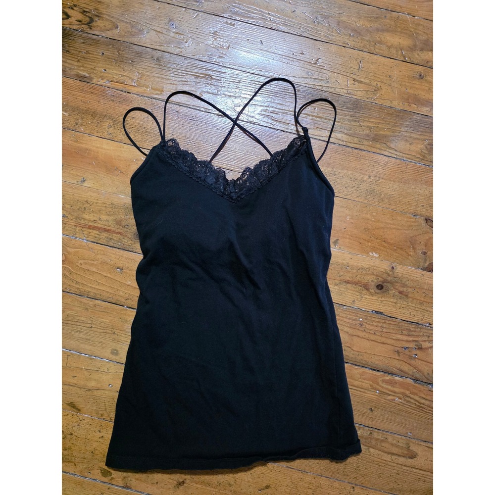 No Boundaries Black Lace Trim Cami Tank Top Built In Bra Crisscross Straps Small